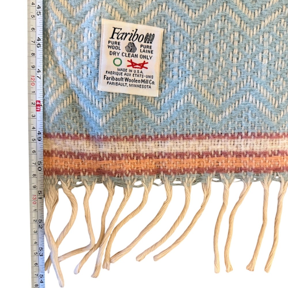 Vintage Faribo Wool Blanket Blue Orange Zigzag Stripe Fringe 48x51 As-Is - Picture 5 of 7